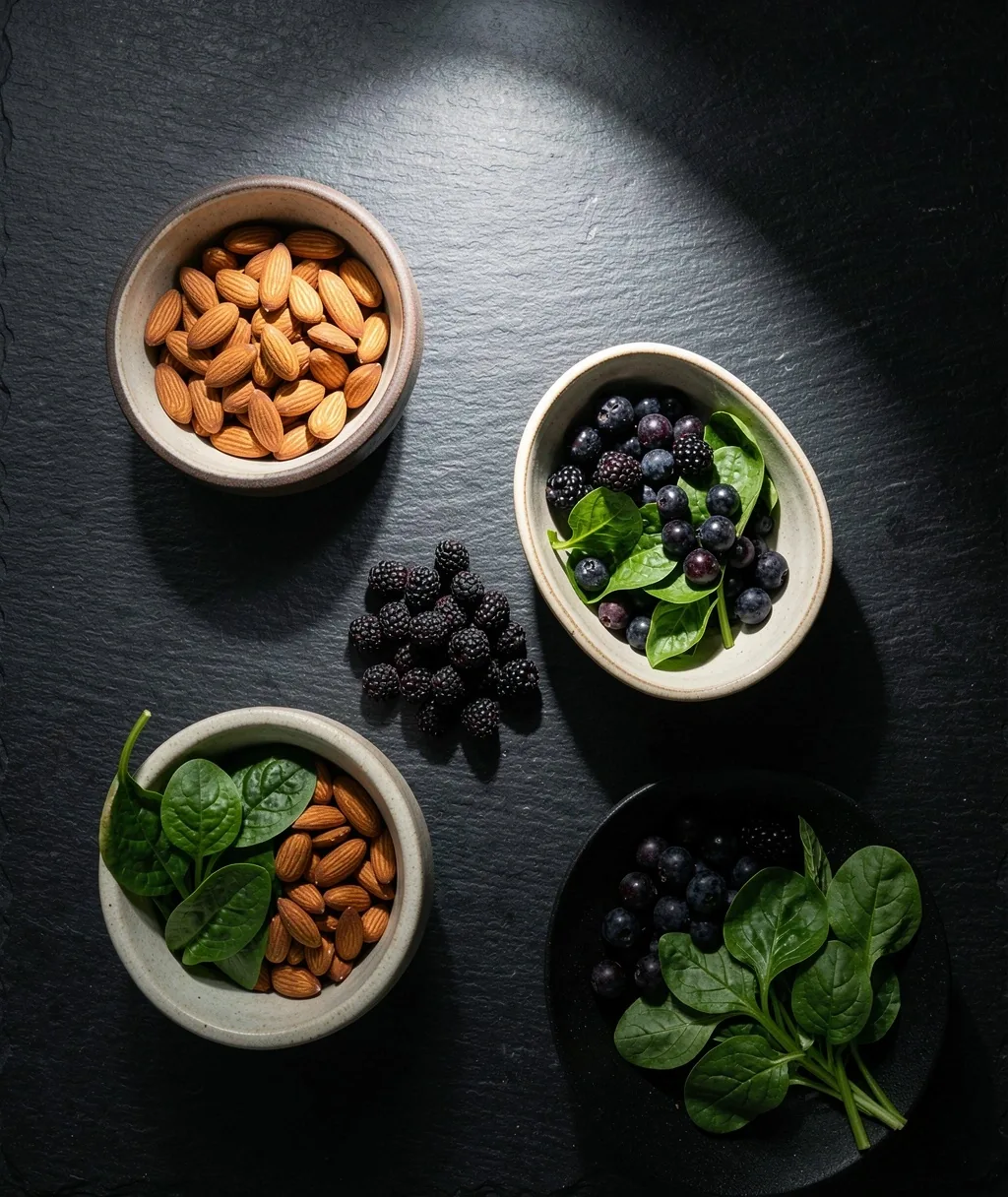 Balanced wellness ingredients arranged on a dark surface