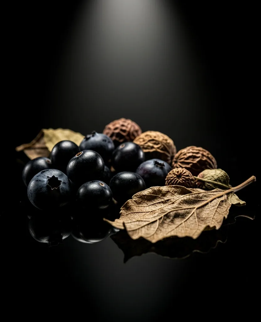 Dark botanical specimens on glass surface