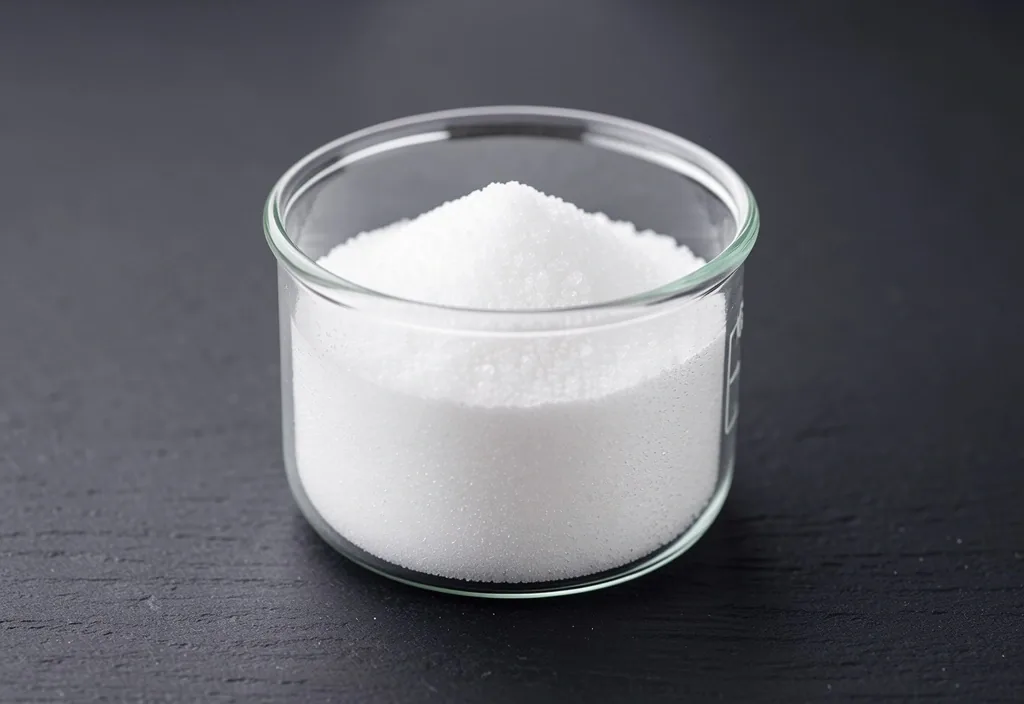 Crystalline amino acid powder in glass beaker