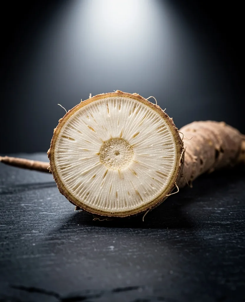 Macro photograph of ashwagandha root on a dark surface
