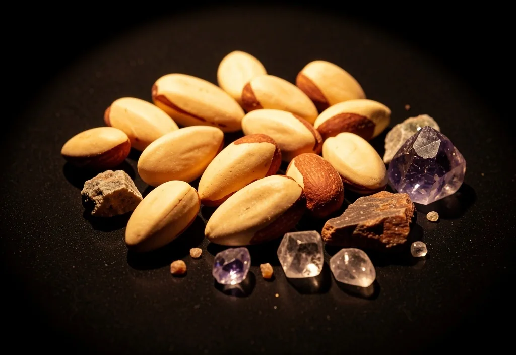 Brazil nuts and mineral fragments on dark surface