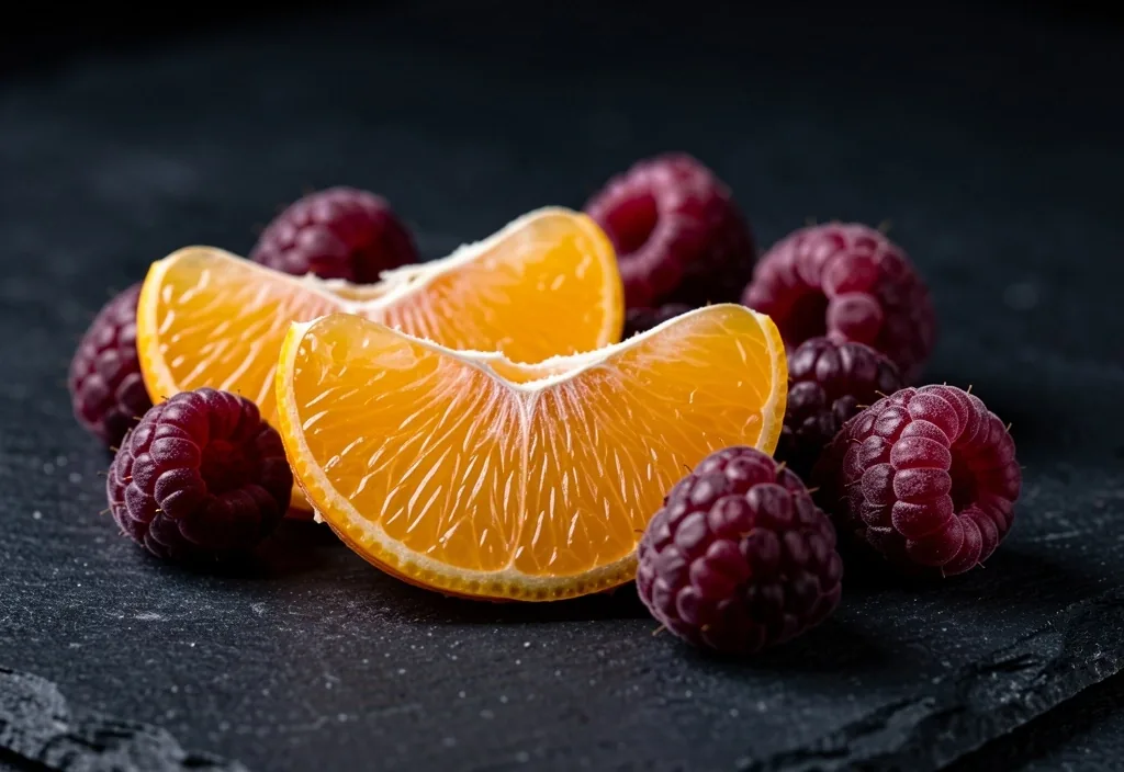 Citrus and dark berries on black slate
