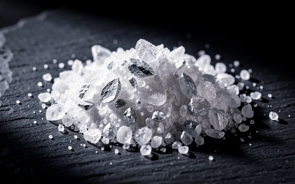 Magnesium mineral crystals on a dark surface
