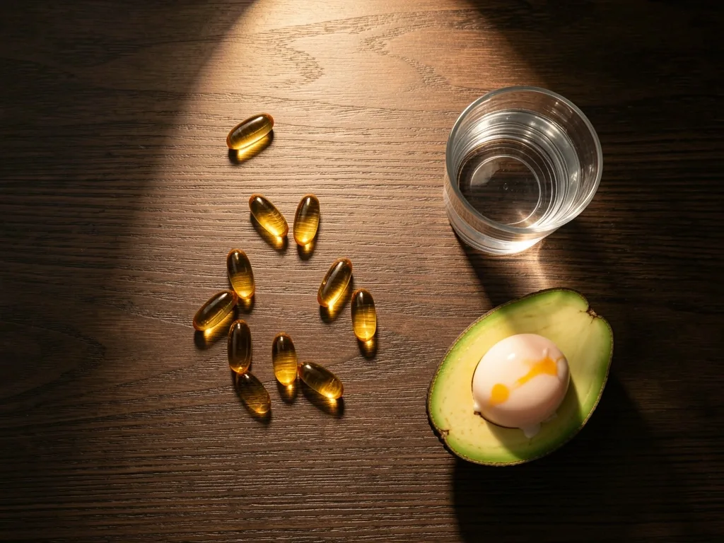 Supplement capsules with water and food on a dark wooden table