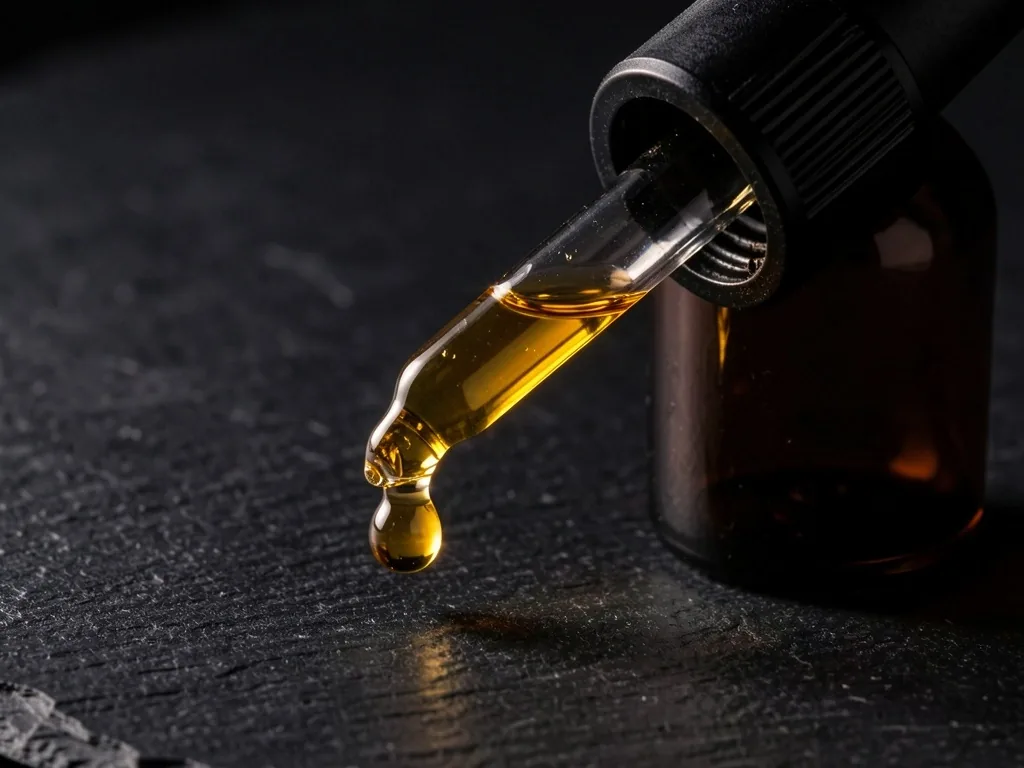 Amber herbal tincture dropper bottle on a dark surface