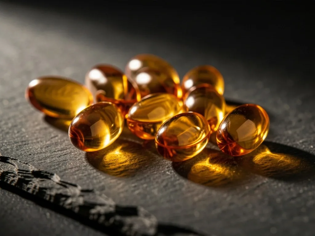 Amber supplement capsules on a dark surface