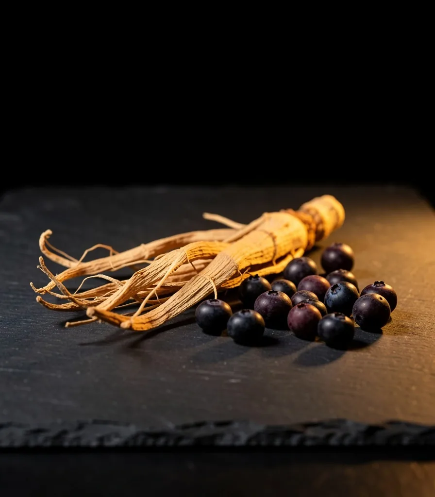 Dried ginseng root and dark berries on a dark surface