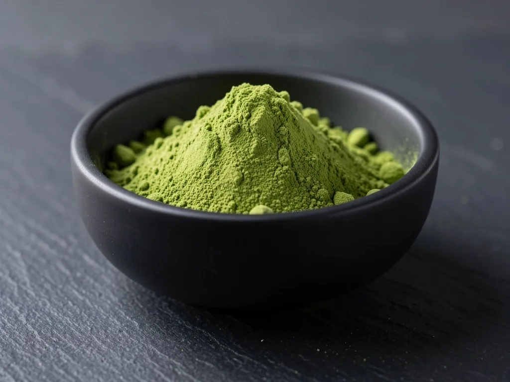 Green botanical powder in a dark bowl