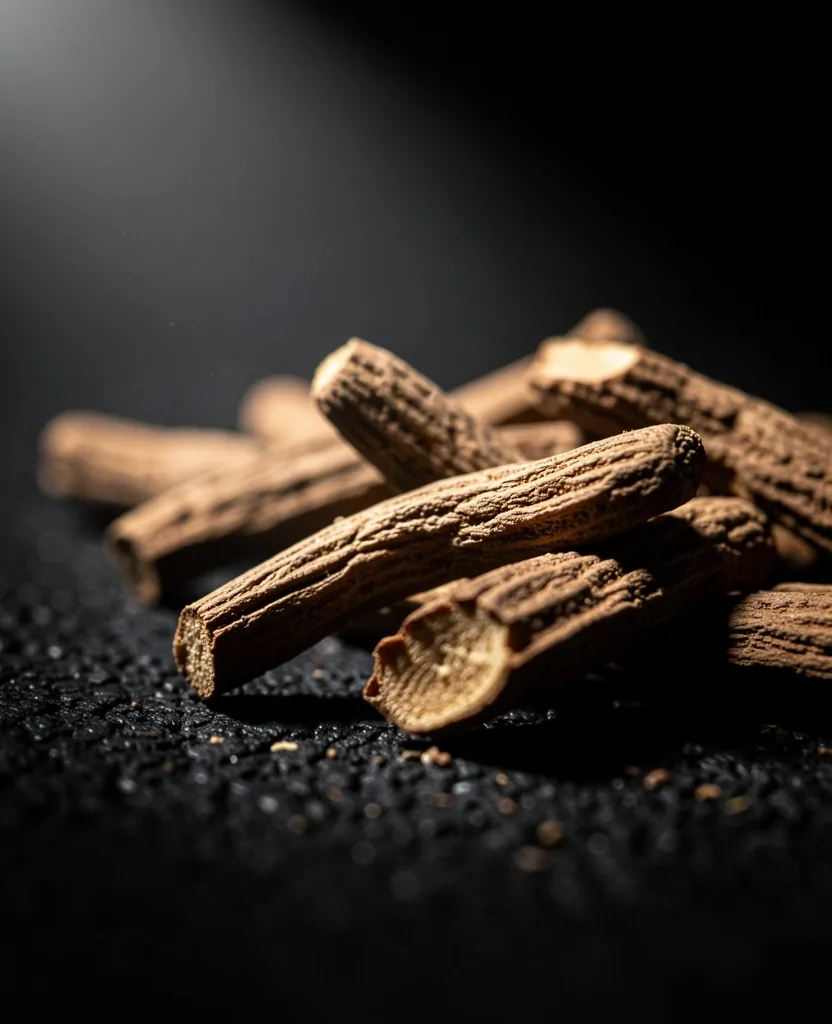 Macro view of dried ashwagandha root on a dark surface