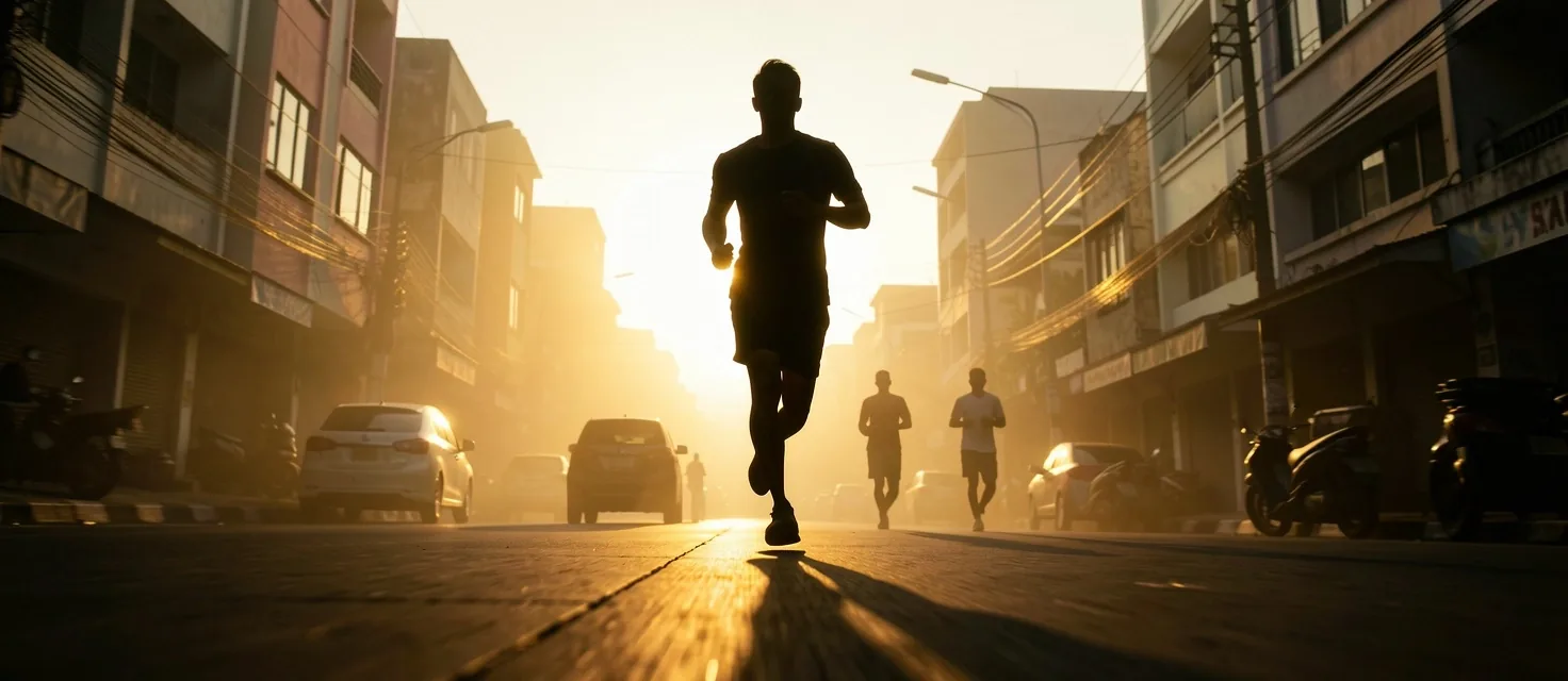Man running at dawn in low-key lighting