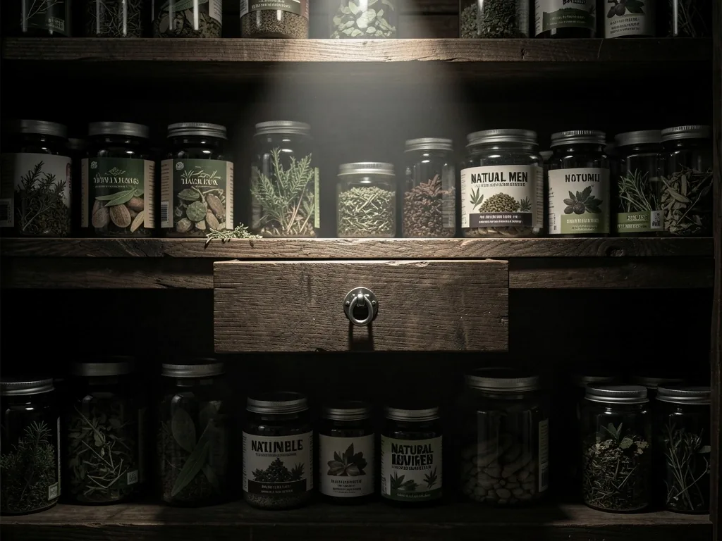 A locked storage drawer in a dark botanical shelf