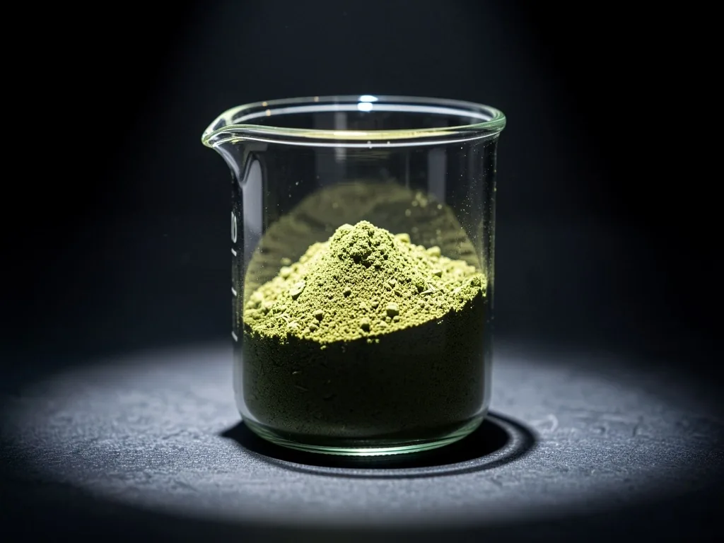 Green herbal powder in laboratory glassware