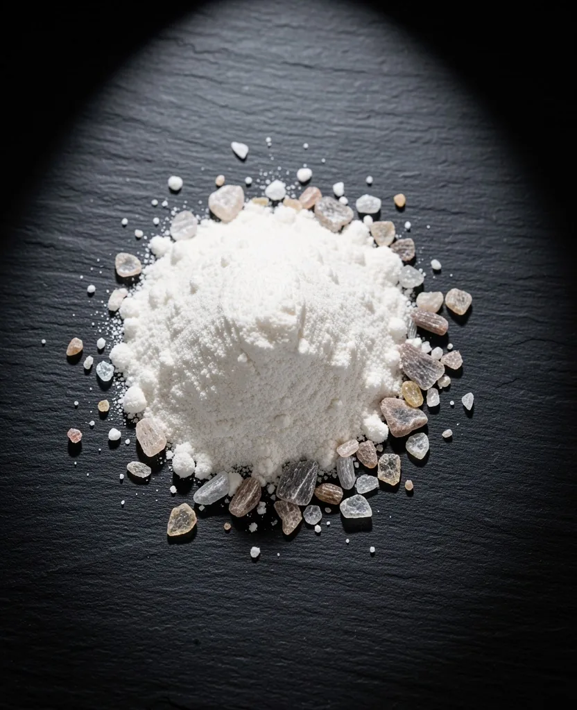 Mineral supplement crystals and powders on dark surface