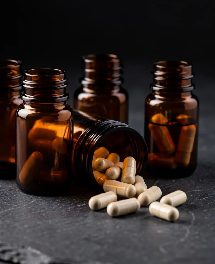 Amber supplement bottles on a dark stone surface