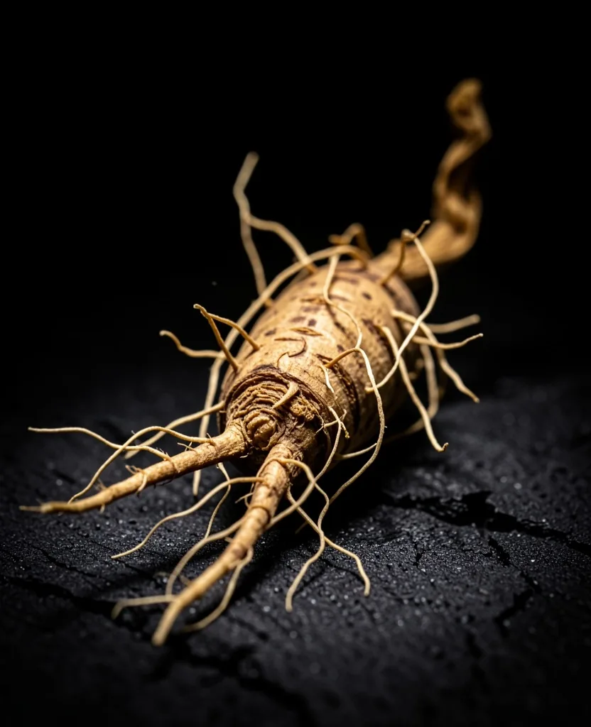 Close-up of a dried botanical root on a dark surface